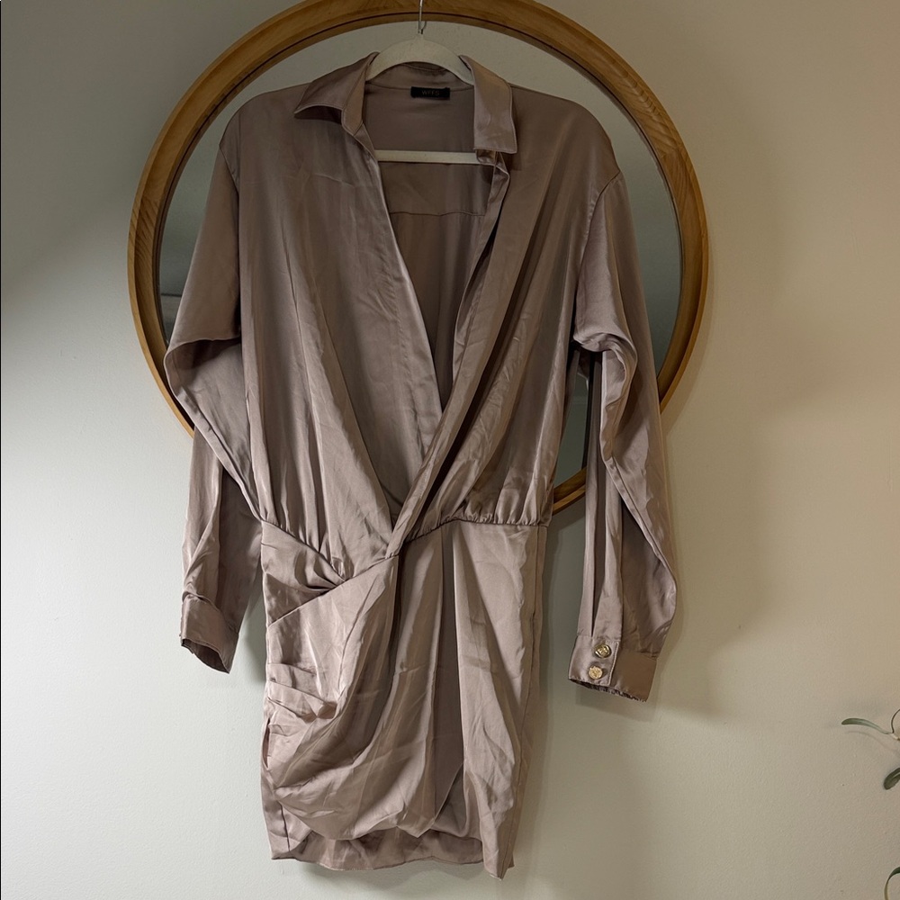 Satin Taupe Wrap Mini Dress with‎ Tie Waist